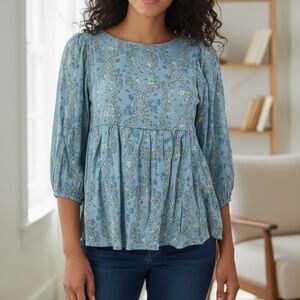 🆑Lazy Sunday Paisley Blue Baby Doll Peplum Top